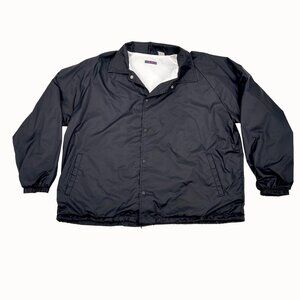 VINTAGE JERZEES BLACK NYLON WINDBREAKER LINED JACKET W/ DRAWSTRING BOTTOM 2XL